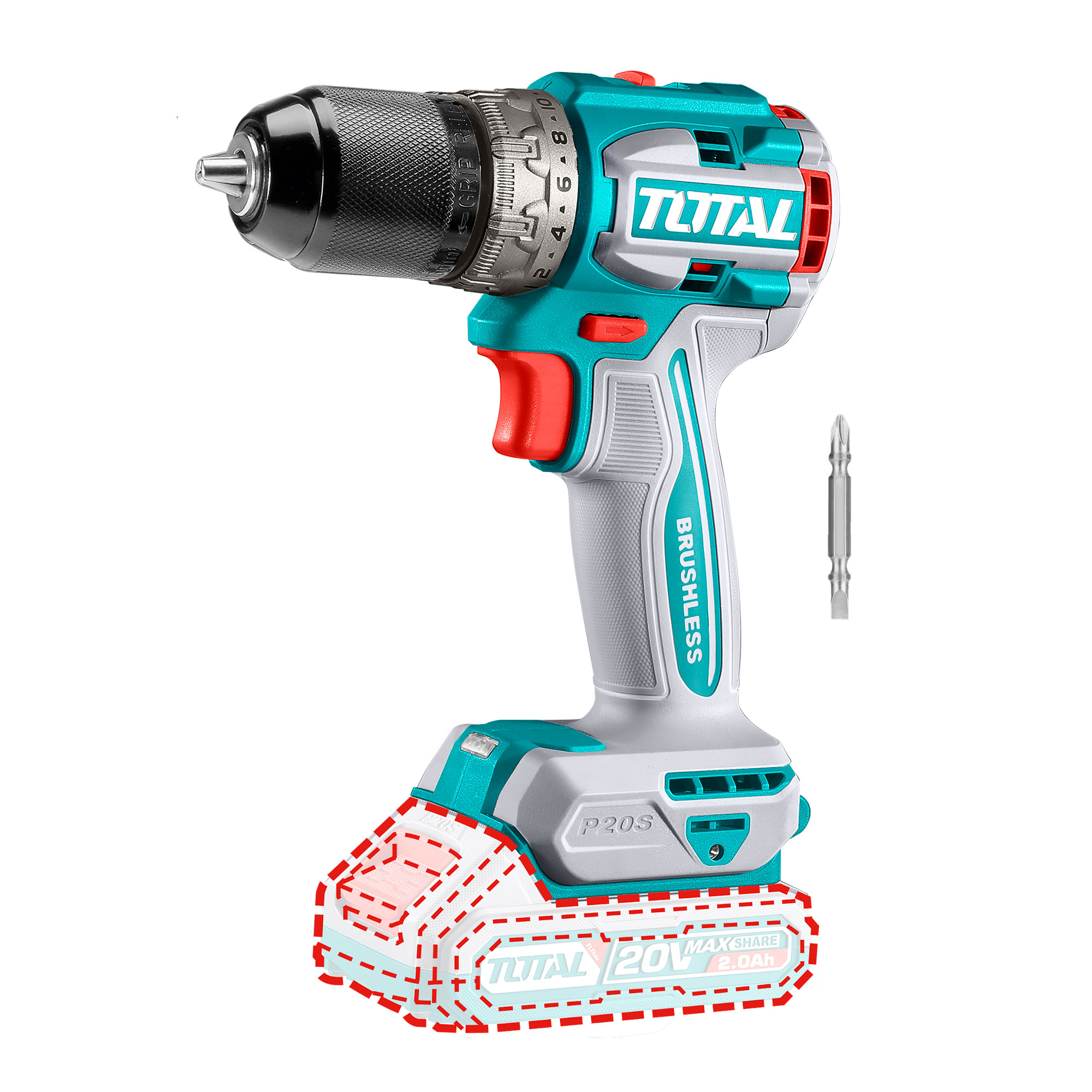 Total Kompakten brezkrtačni akumulatorski vrtalnik 2000prm/60Nm/P20S/ INDUSTRIAL (Brez baterije) (TDLI206021) Tools