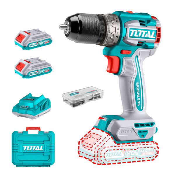 Kompaktni brezkrtačni akumulatorski vrtalnik 2000prm/60Nm/P20S/ INDUSTRIAL (SET Baterija 2x2Ah, Polnilec, Kovček) (TDLI20602E) Total Tools