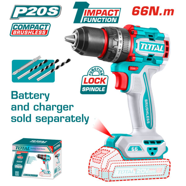 Kompaktni brezkrtačni akumulatorski vrtalnik 2000prm/66Nm/P20S/ INDUSTRIAL (Brez baterije) (TIDLI206681) Total Tools