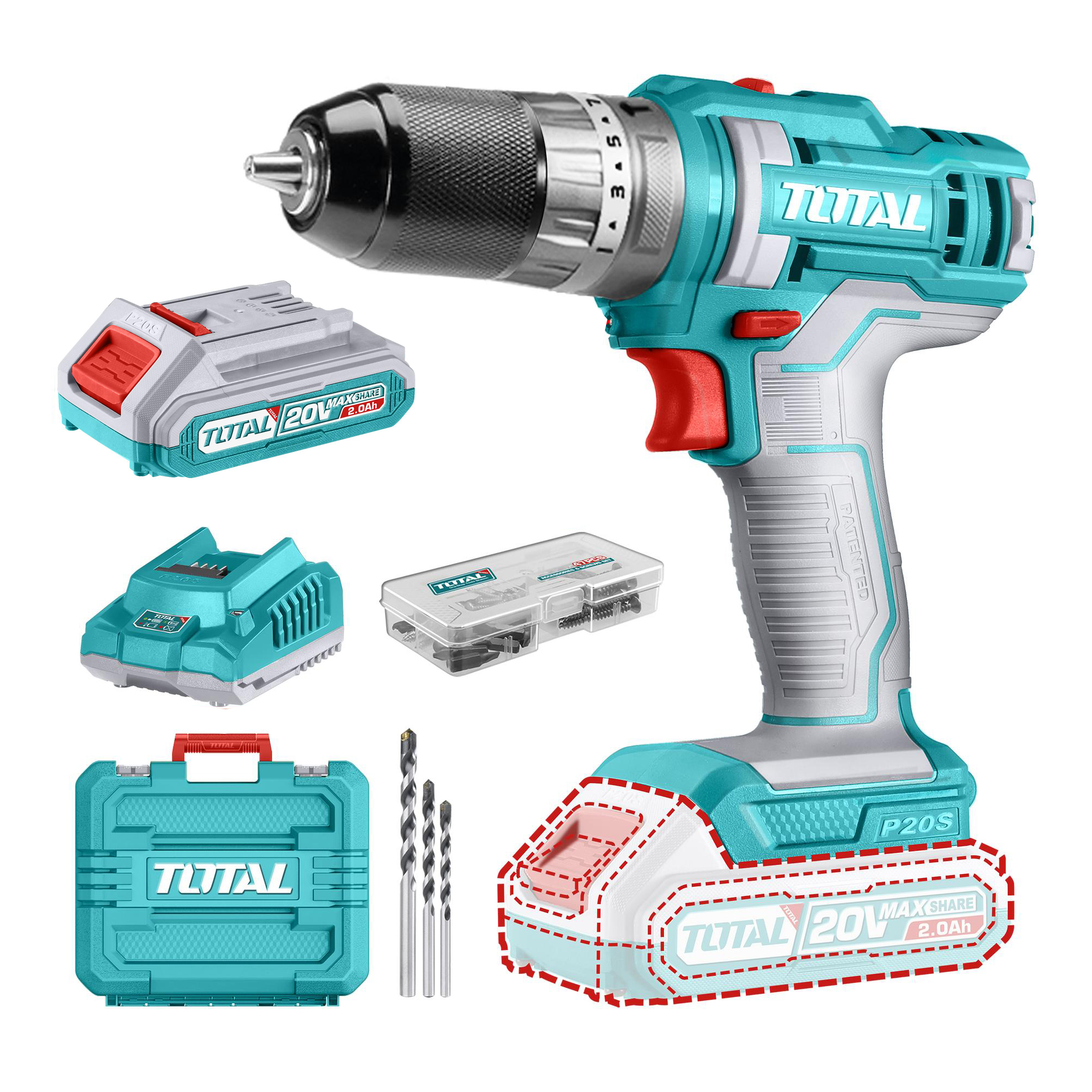 Total Akumulatorski udarni vrtalnik 20V/1500rpm/22500bpm/45Nm/P20S/ INDUSTRIAL (SET Baterija 2x2Ah, Polnilec, Kovček) (TIDLI201452E) Tools