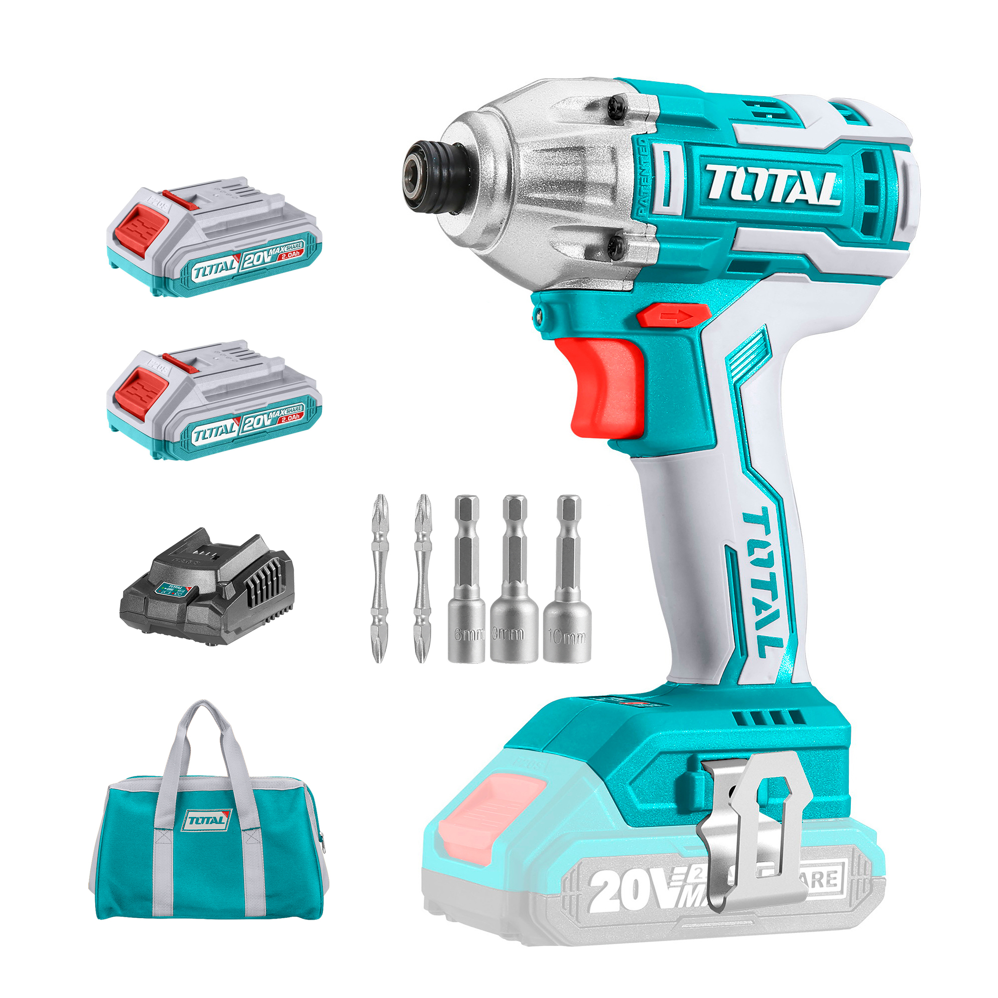 Total Udarni ključ, akumulatorski 1/4", brezkrtačni, 20 V litij-ionski (2x), 2000 mAh, industrijski TIRLI2002