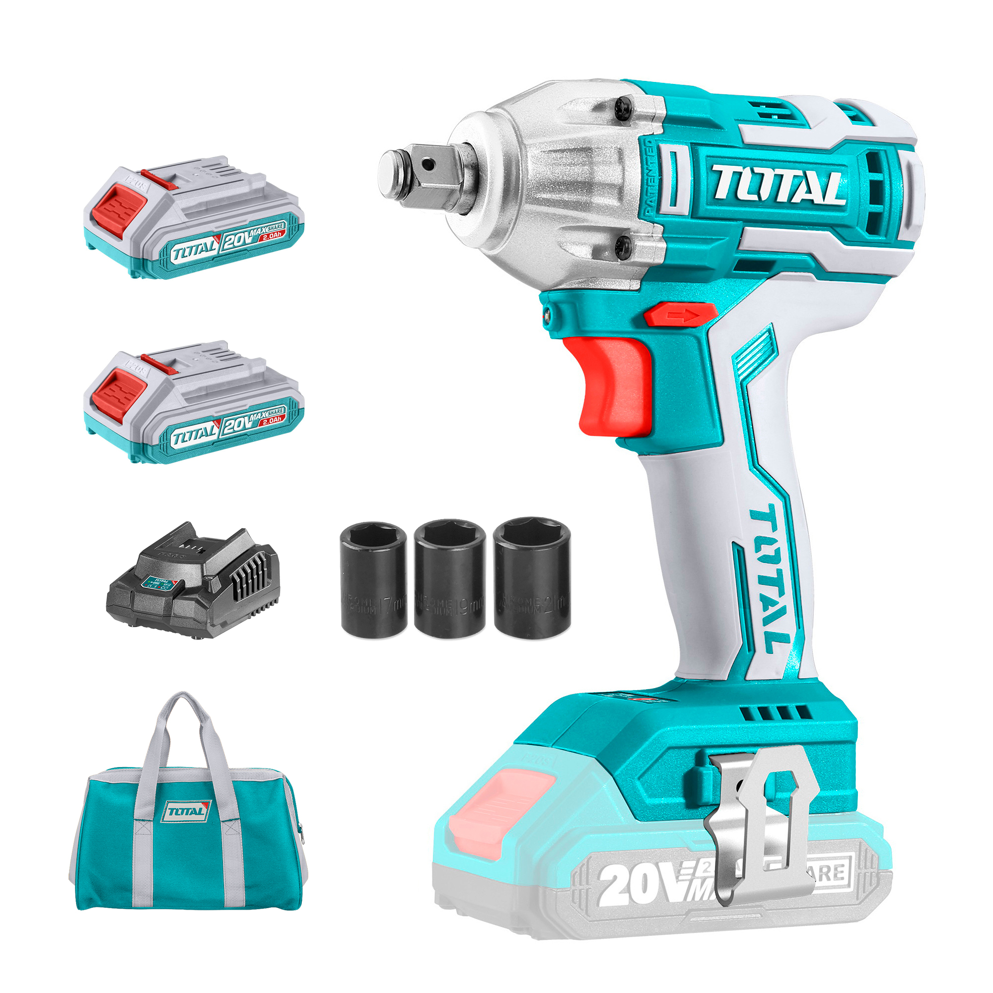 Total Udarni ključ, akumulatorski 1/2", brezkrtačni, 20 V litij-ionski (2x), 2000 mAh, industrijski TIWLI2001