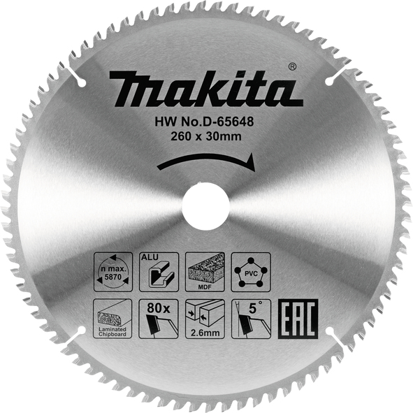 TCT žagin list večnamenski 260 mm (80 zob) 260x30x80Z Makita D-65648