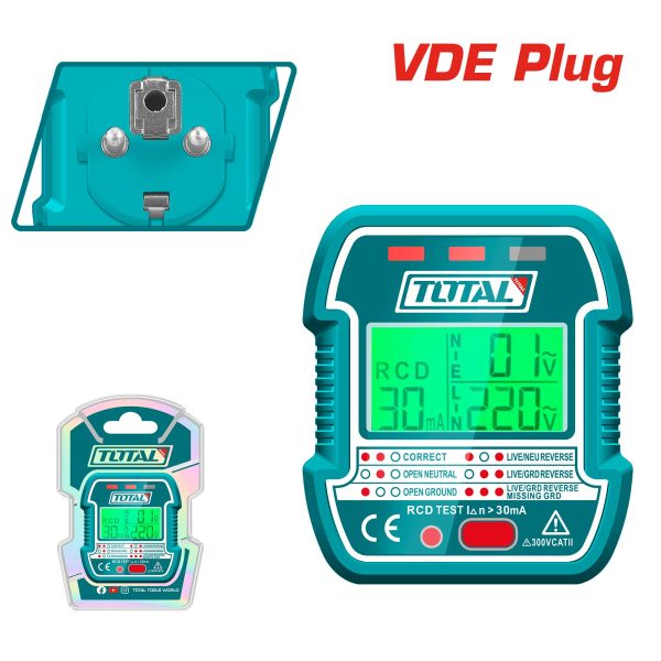 Tester vtičnic VDE / 30mA / LCD / INDUSTRIAL (TESST30011) Total Tools